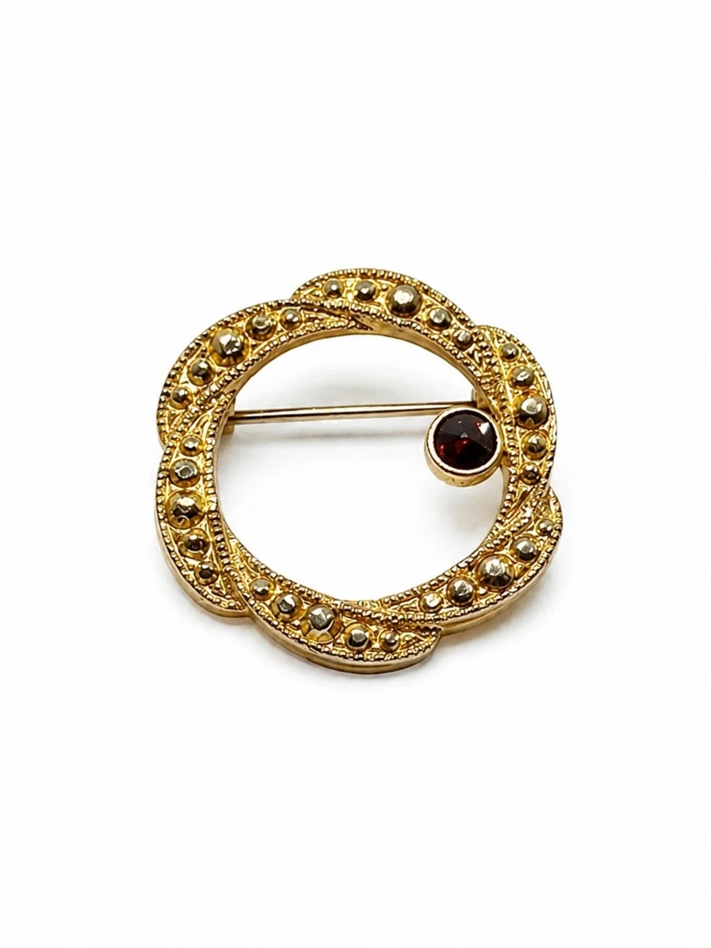 Vintage Gold Tone Circle Brooch Red Rhinestone Accent